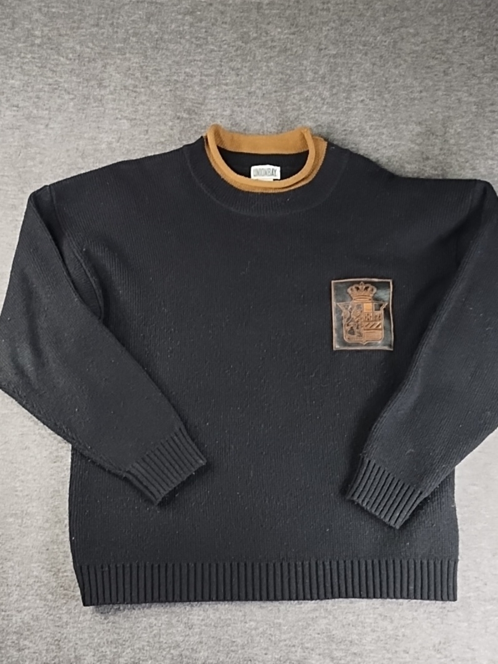 UNIONBAY Black Crewneck Sweater with Tan Collar and Crest Patch